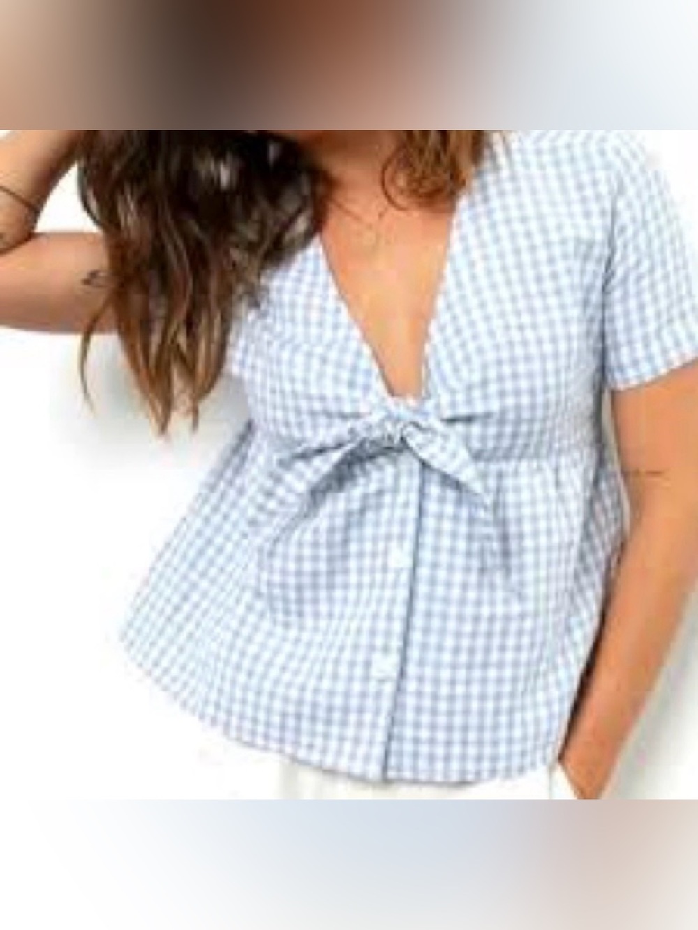 RAILS Light Blue Gingham Tie-Front Peplum Blouse Top size Medium